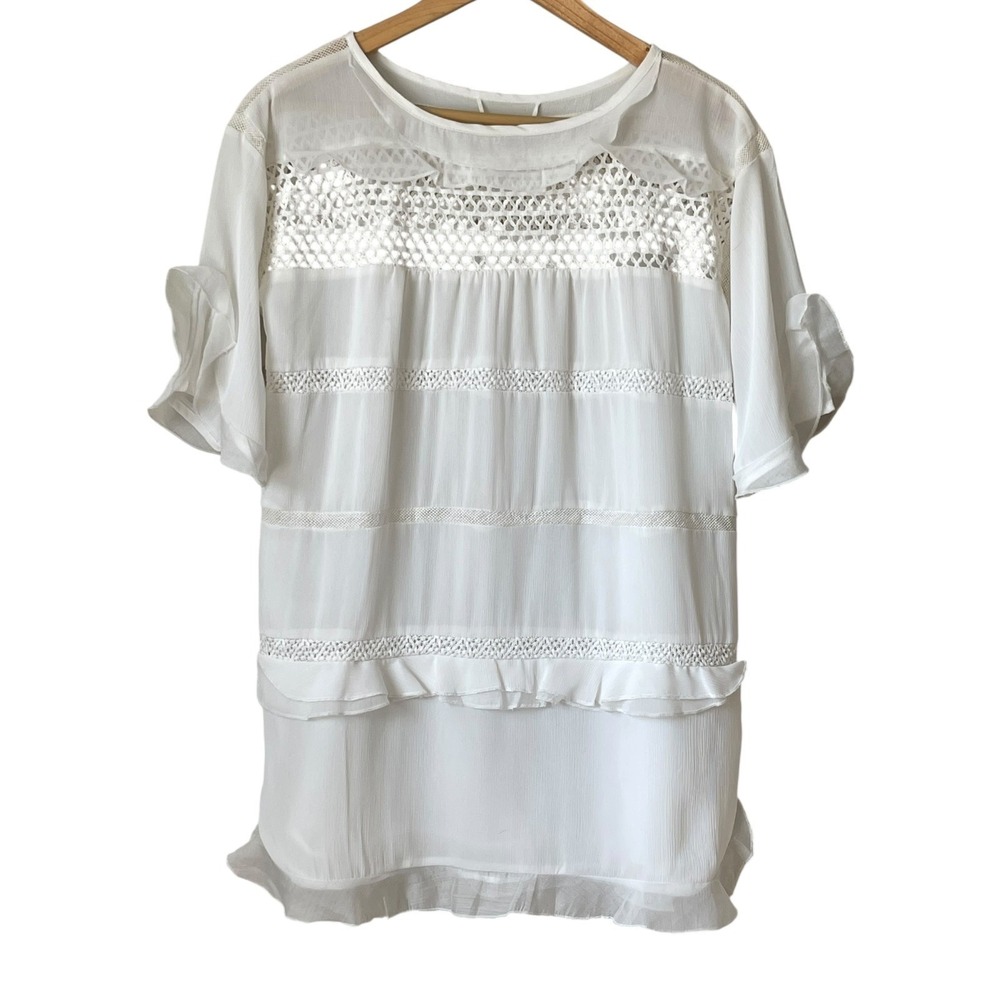 Unbranded Women White Crochet Lace Tiered Ruffle Blouse Medium Boho Sheer Top - Picture 2 of 15
